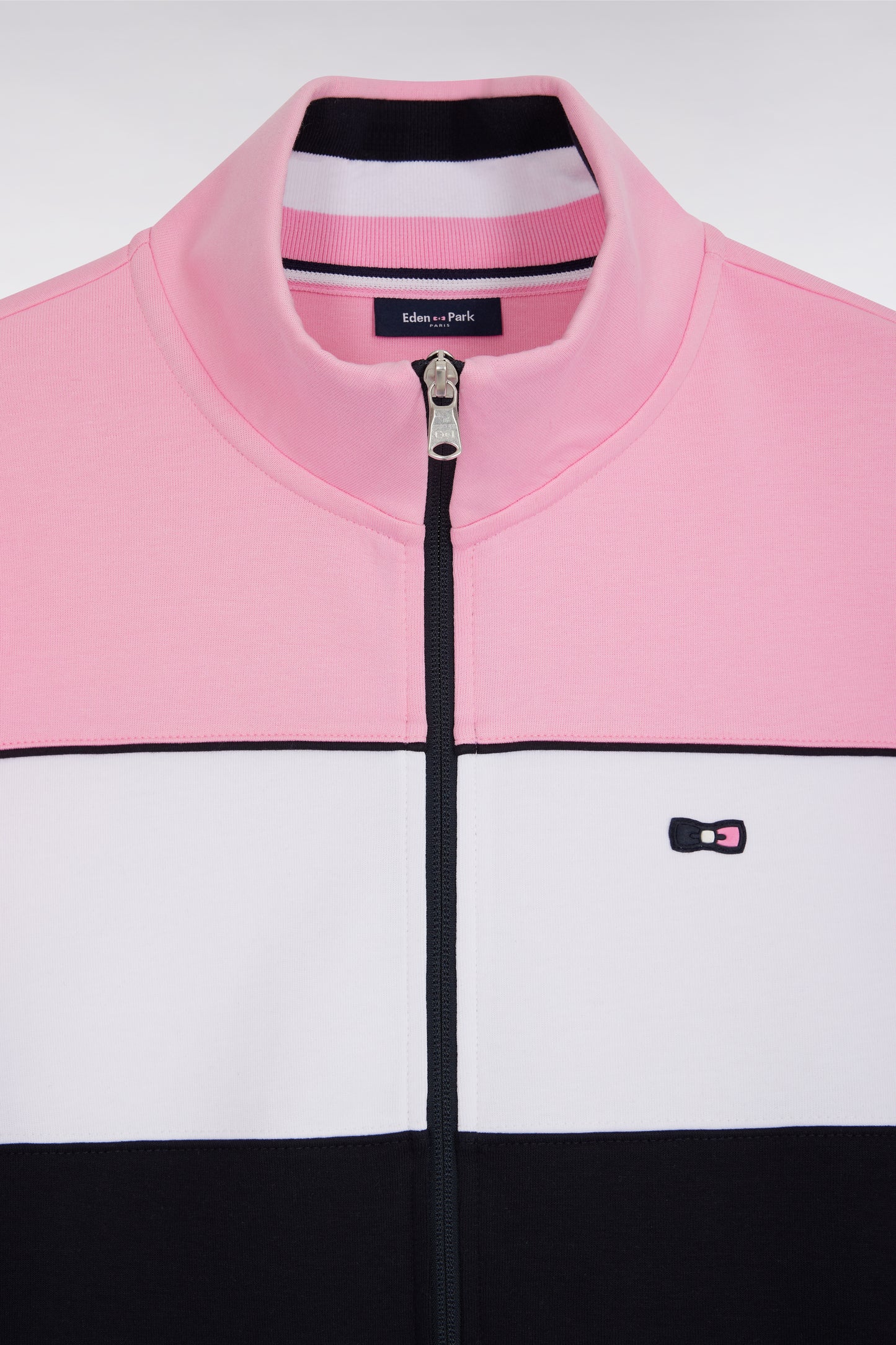 Sweatshirt zippé en molleton coton stretch tricolore rose coupe droite