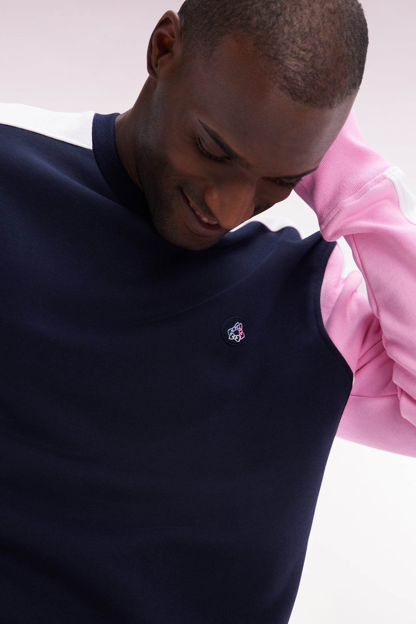Straight-fit navy cotton fleece tricolor sweatshirt