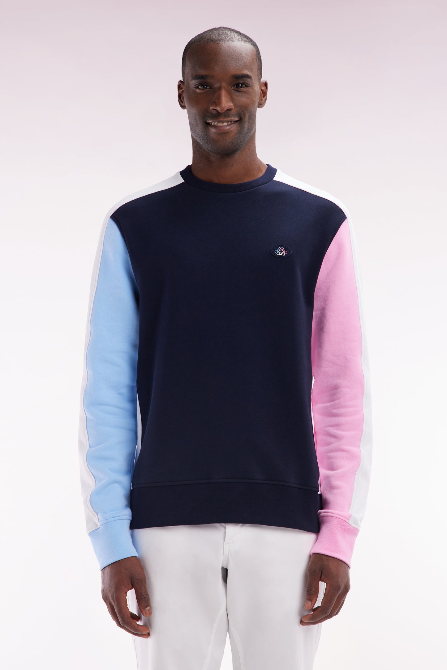 Straight-fit navy cotton fleece tricolor sweatshirt