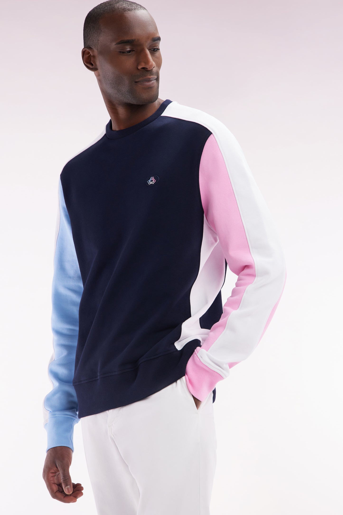 Straight-fit navy cotton fleece tricolor sweatshirt