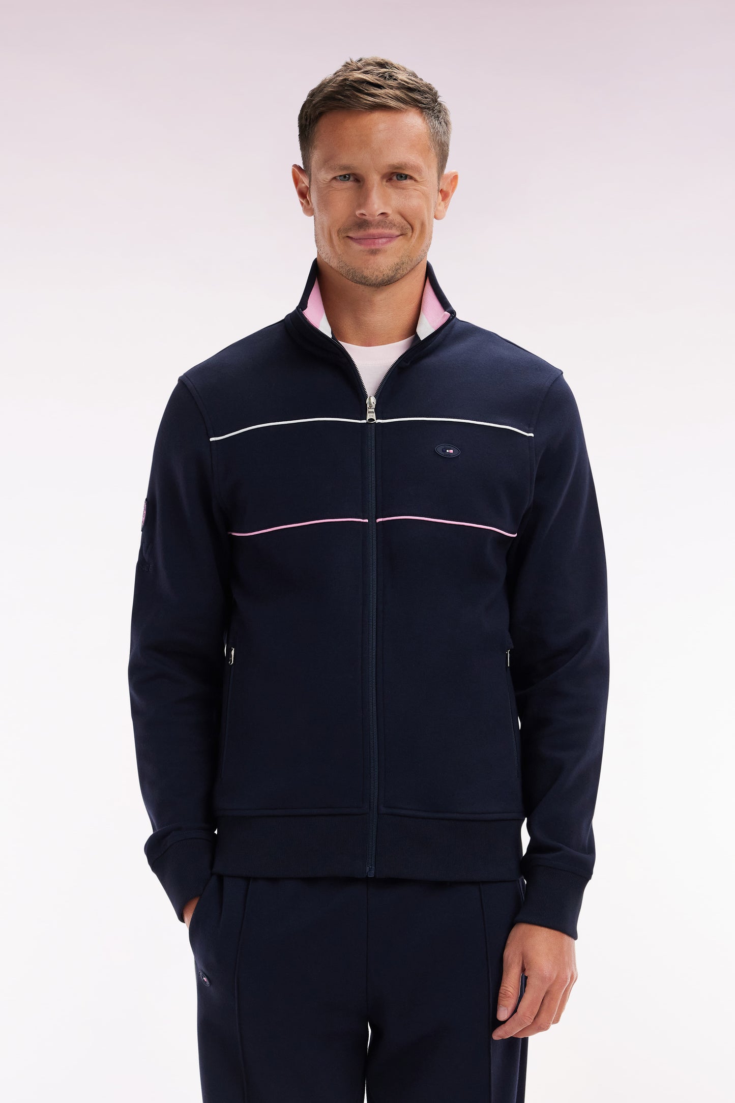 Straight-fit zip-up sweatshirt in navy stretch cotton with contrasting piping