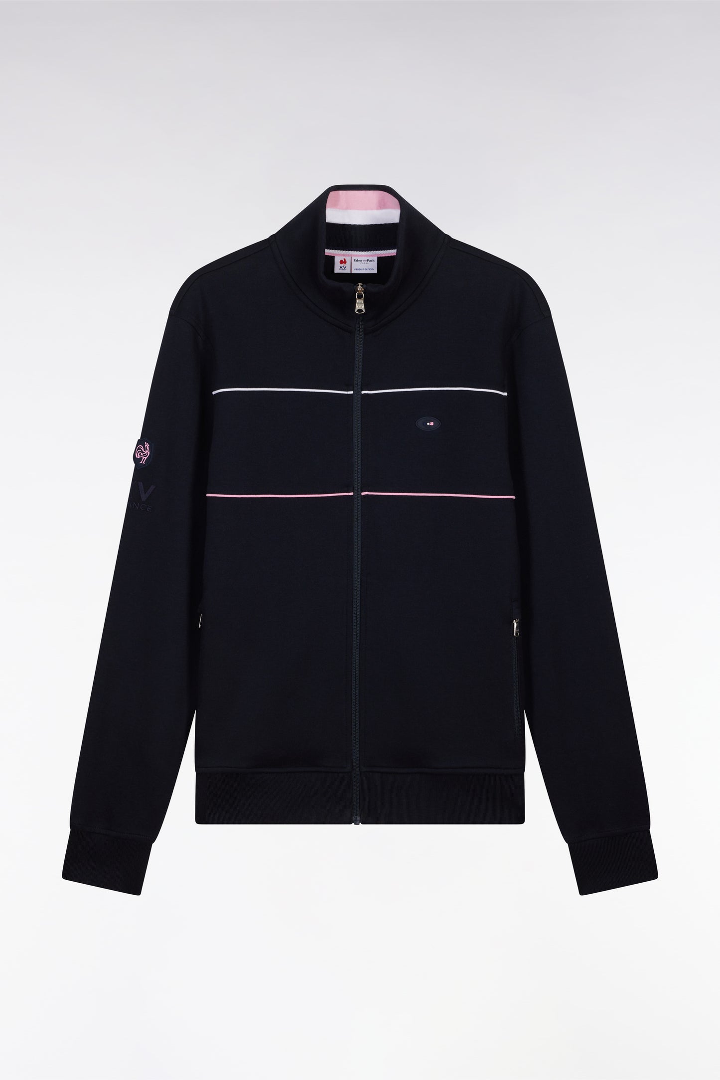 Straight-fit zip-up sweatshirt in navy stretch cotton with contrasting piping