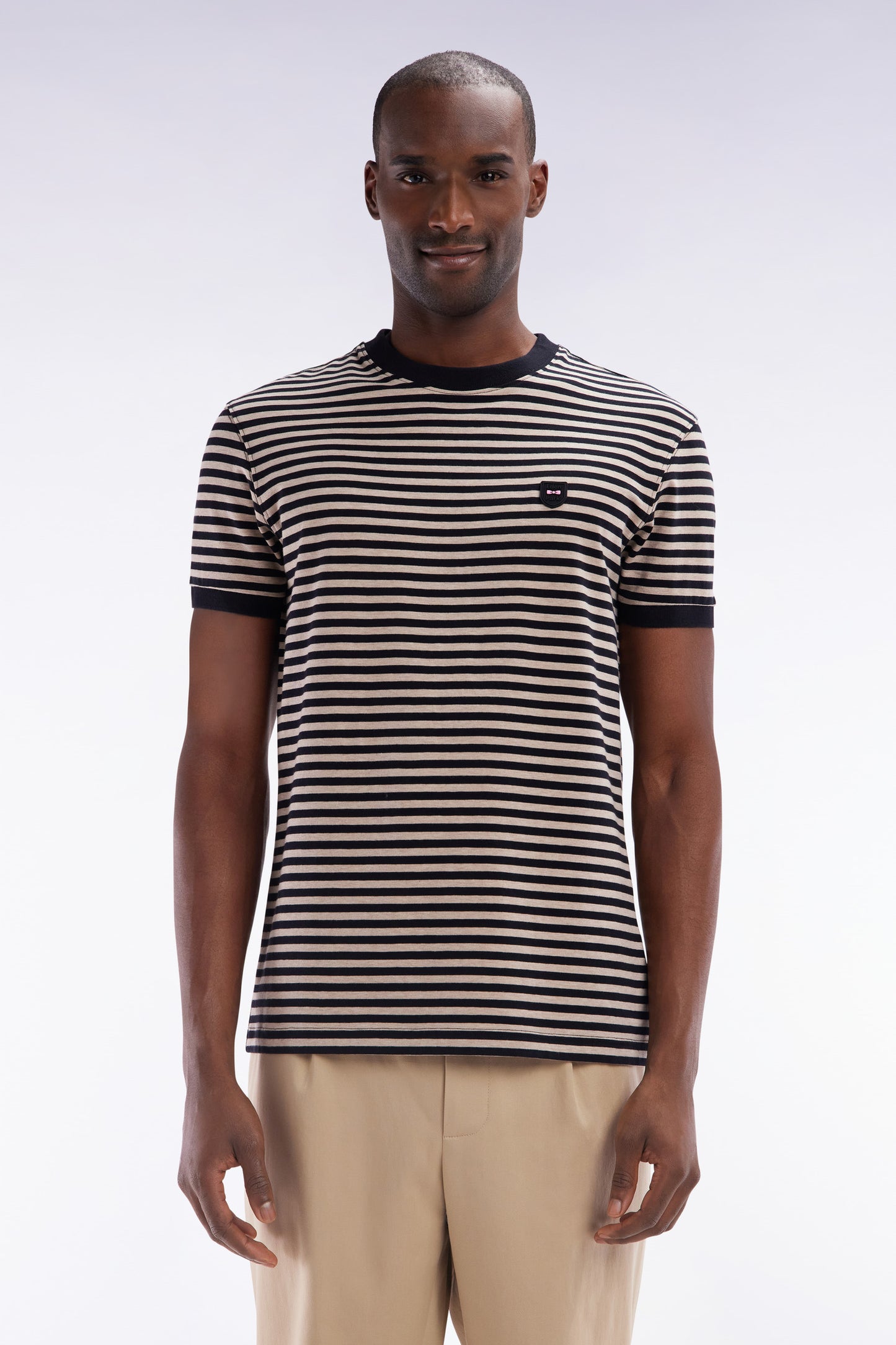 Slim-fit beige striped stretch cotton T-shirt
