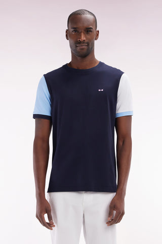 Straight-fit colorblock T-shirt in navy cotton with 10 embroidery