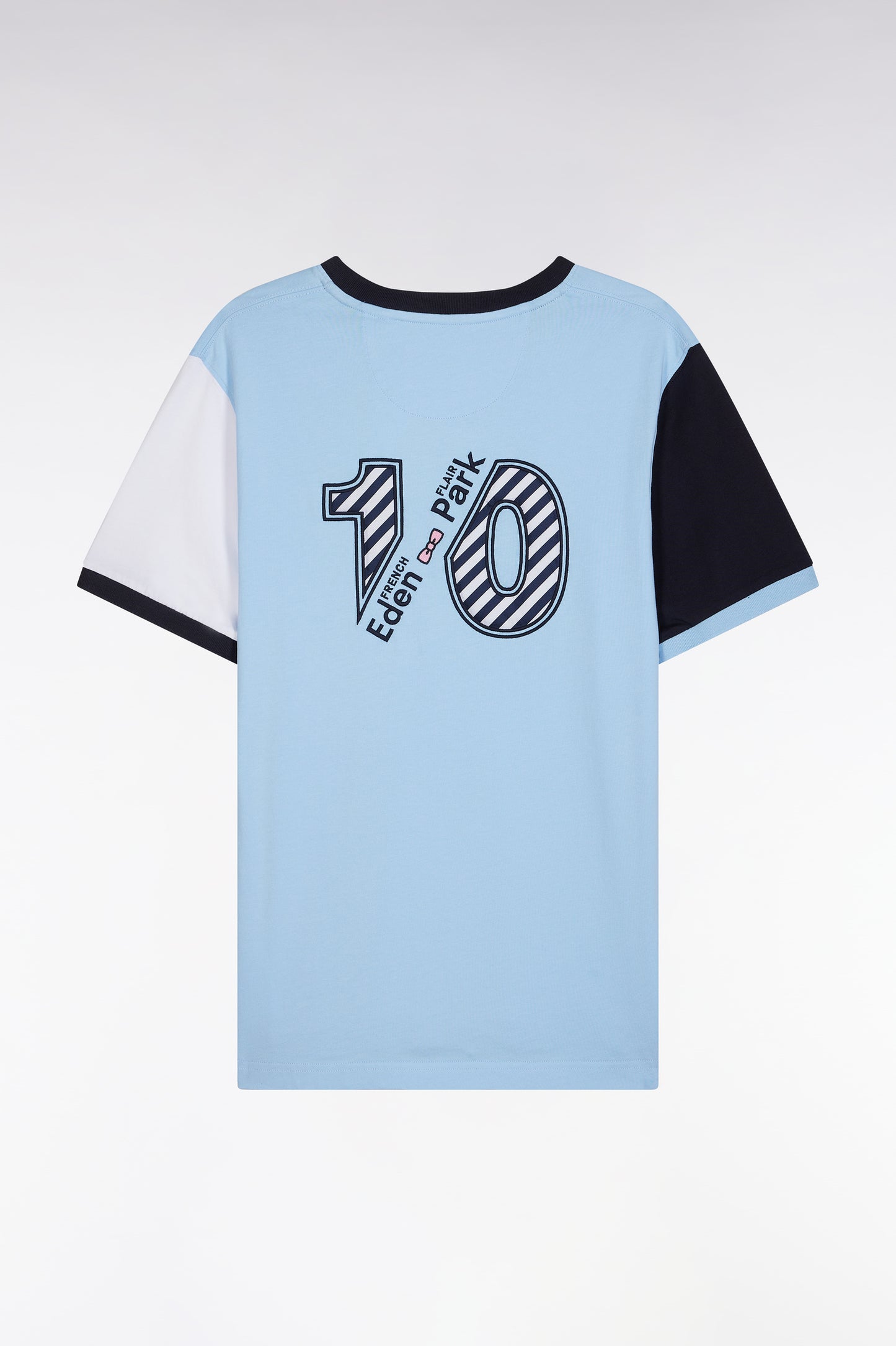 Straight-fit colorblock T-shirt in sky blue cotton with 10 embroidery