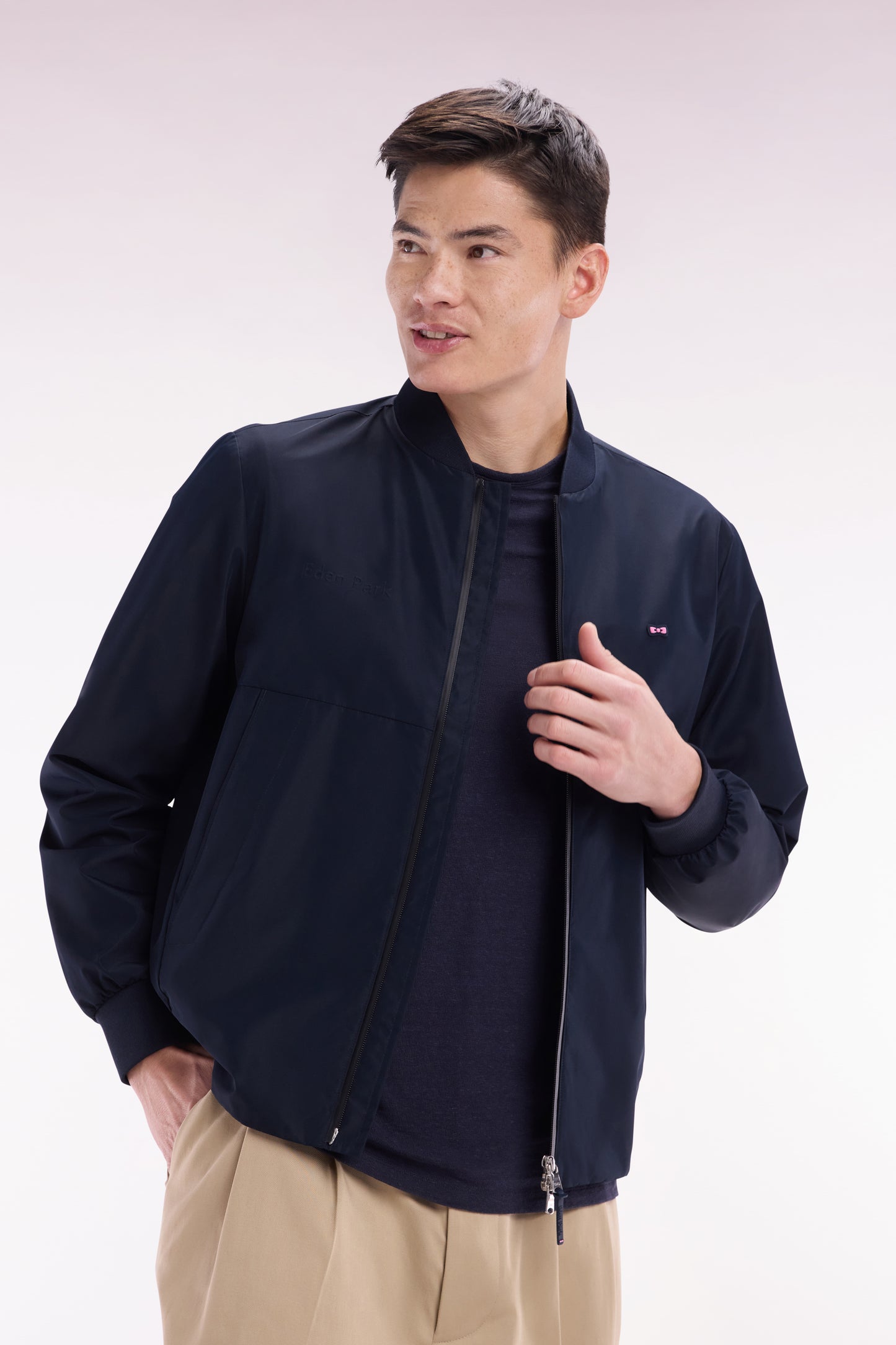 Soft Touch nylon navy zipped jacket with teddy collar