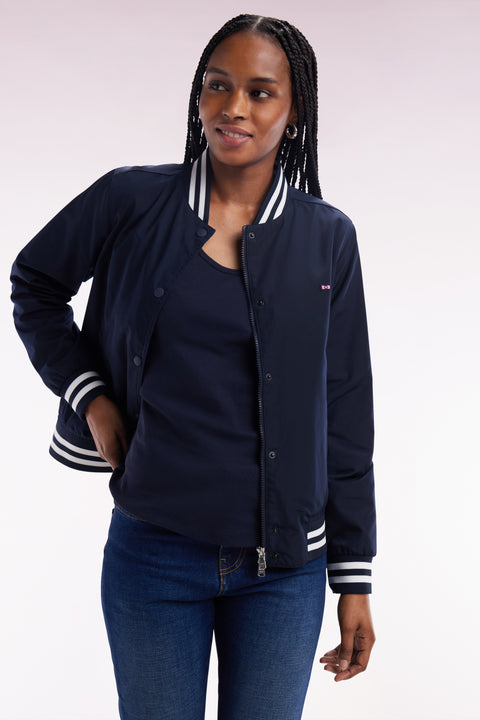 Navy zipped teddy jacket with striped ribbed edges - Image 1