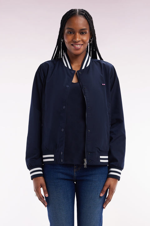 Navy zipped teddy jacket with striped ribbed edges - Image 3