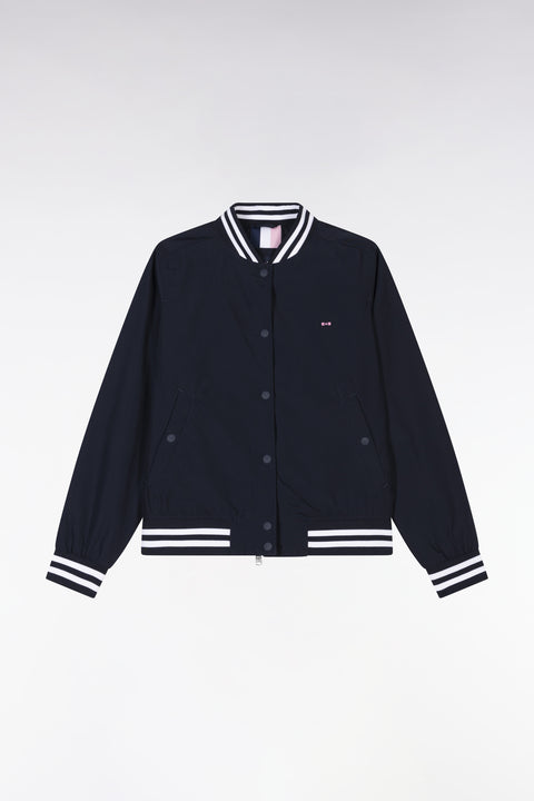 Navy zipped teddy jacket with striped ribbed edges - Image 2