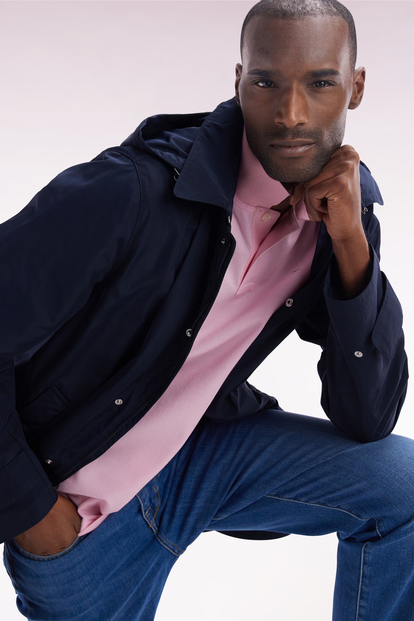 Navy blue hooded raincoat