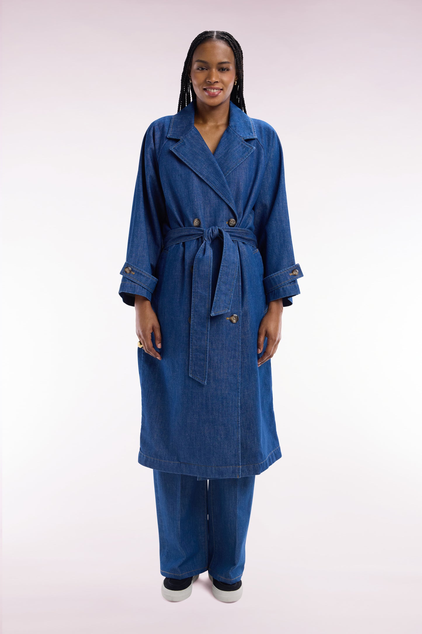 Oversized blue denim trench coat