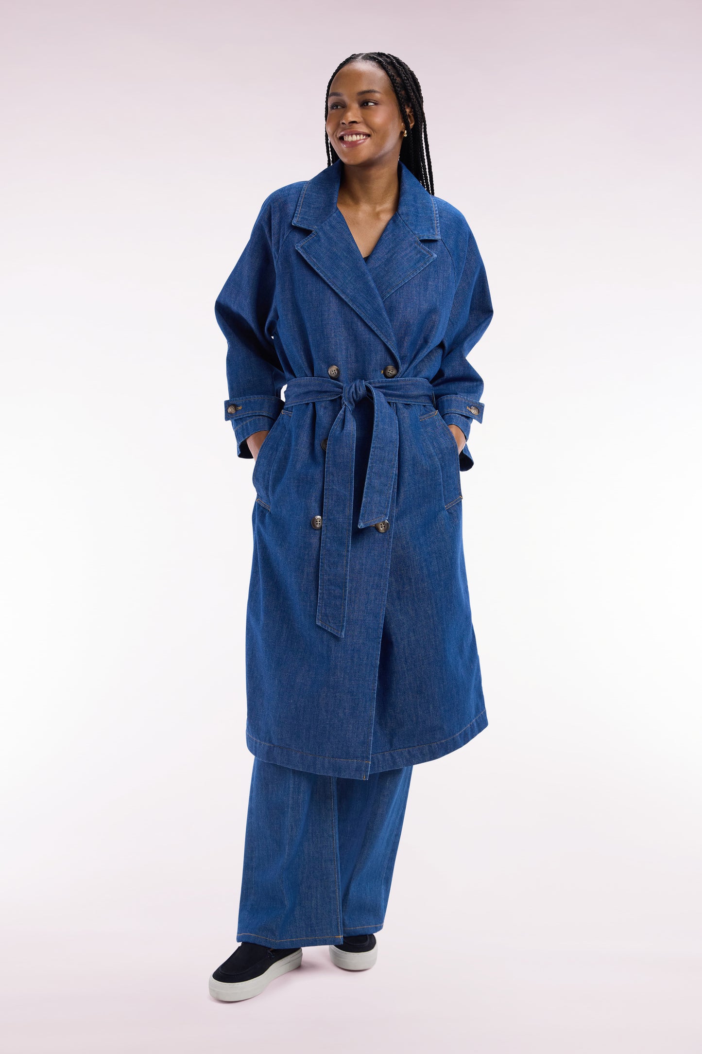 Oversized blue denim trench coat
