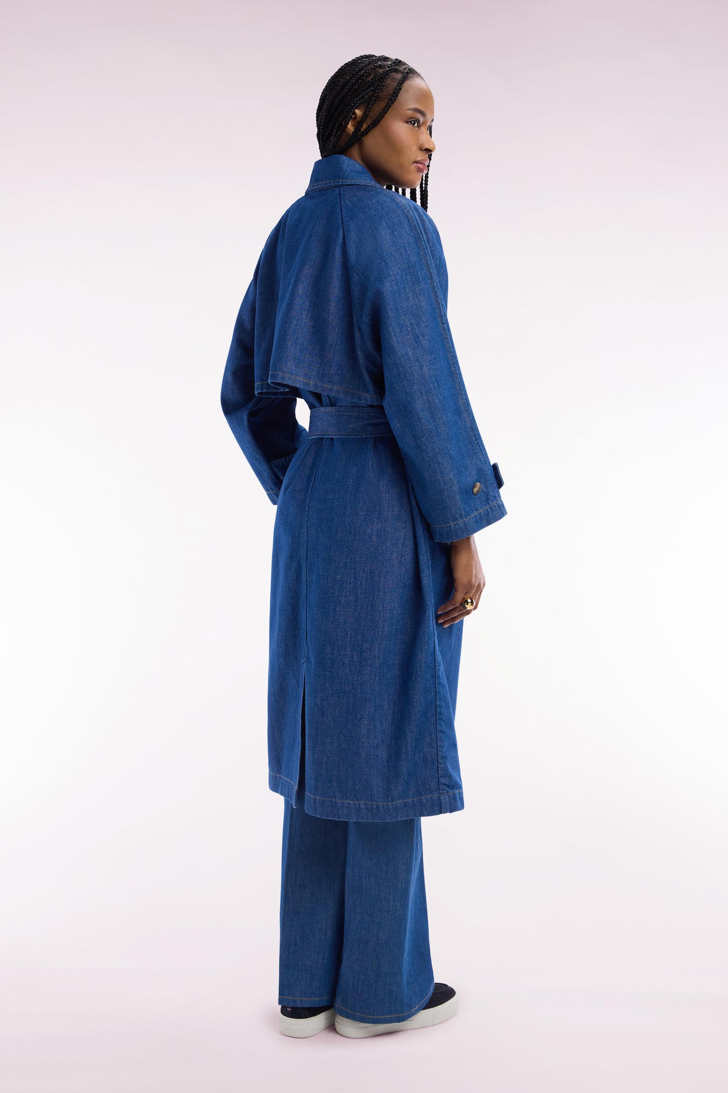 Oversized blue denim trench coat