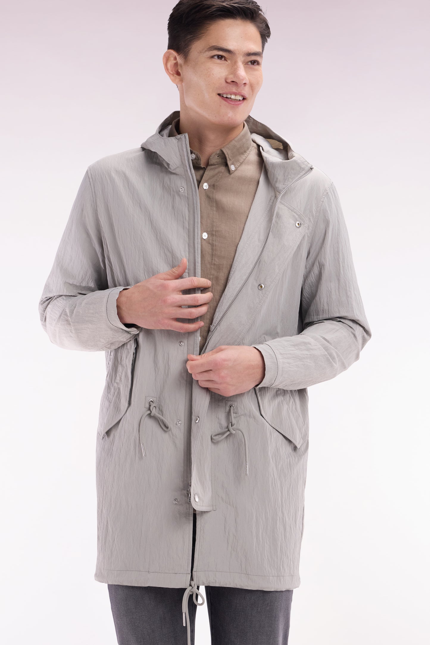 Lightweight grey parka with integrated hood