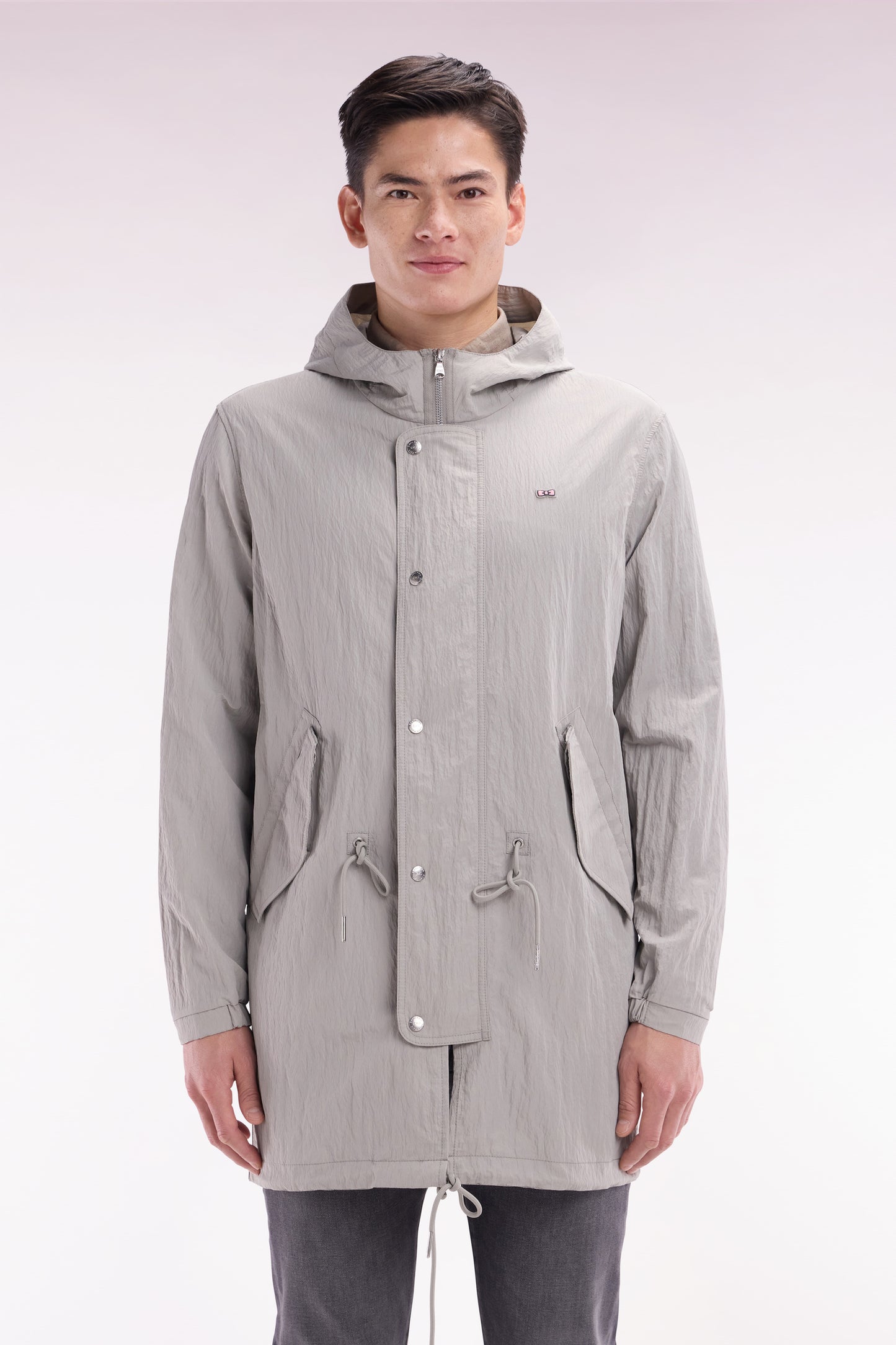 Lightweight grey parka with integrated hood