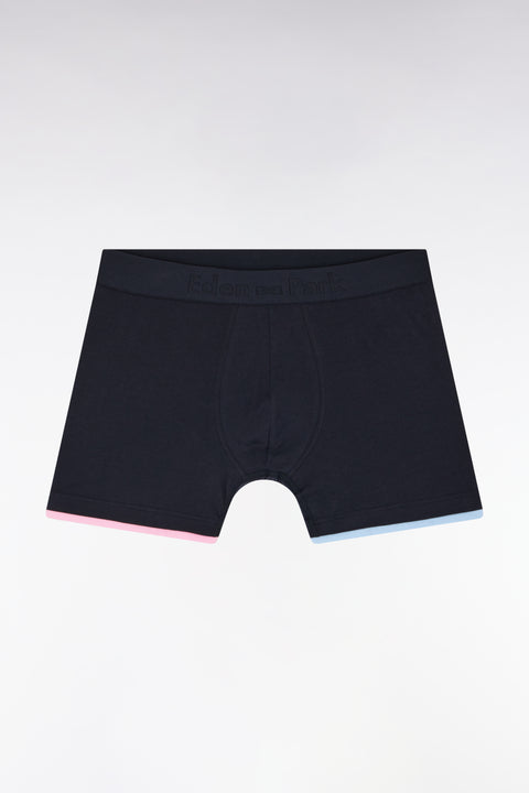 Boxer shorts in plain navy stretch cotton jersey with striped edges - Image 1