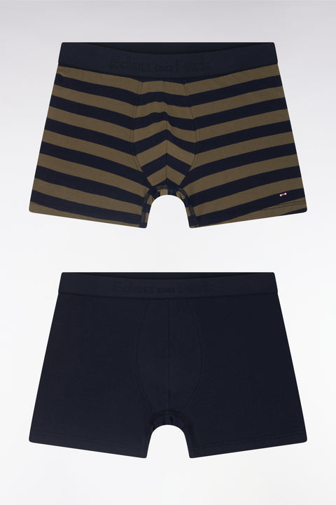 Set of two plain boxer shorts in navy and khaki stretch cotton jersey - Image 1