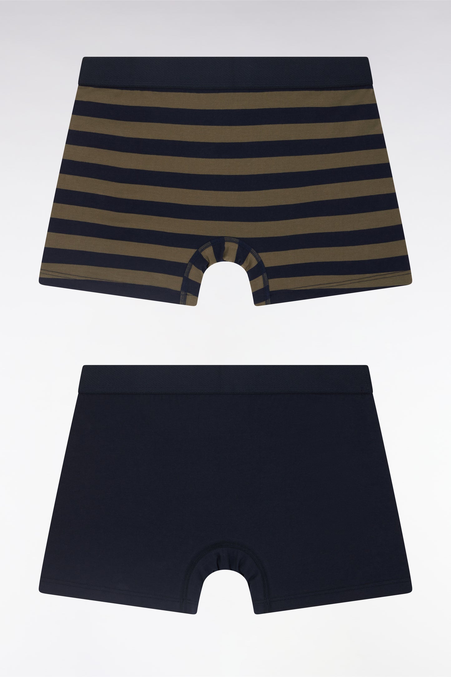 Set of two plain boxer shorts in navy and khaki stretch cotton jersey