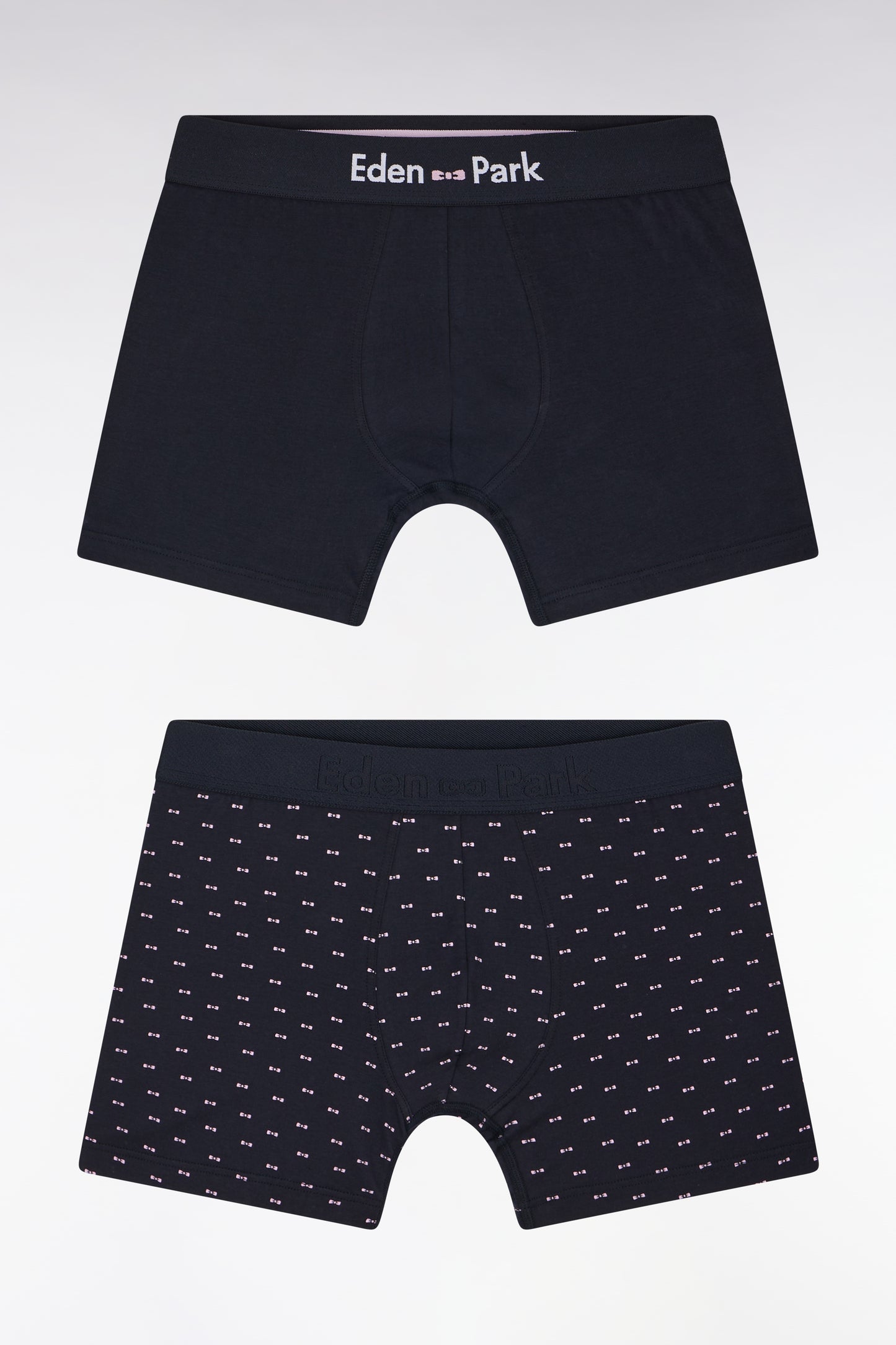 Set of two plain and printed boxer shorts in navy stretch cotton jersey