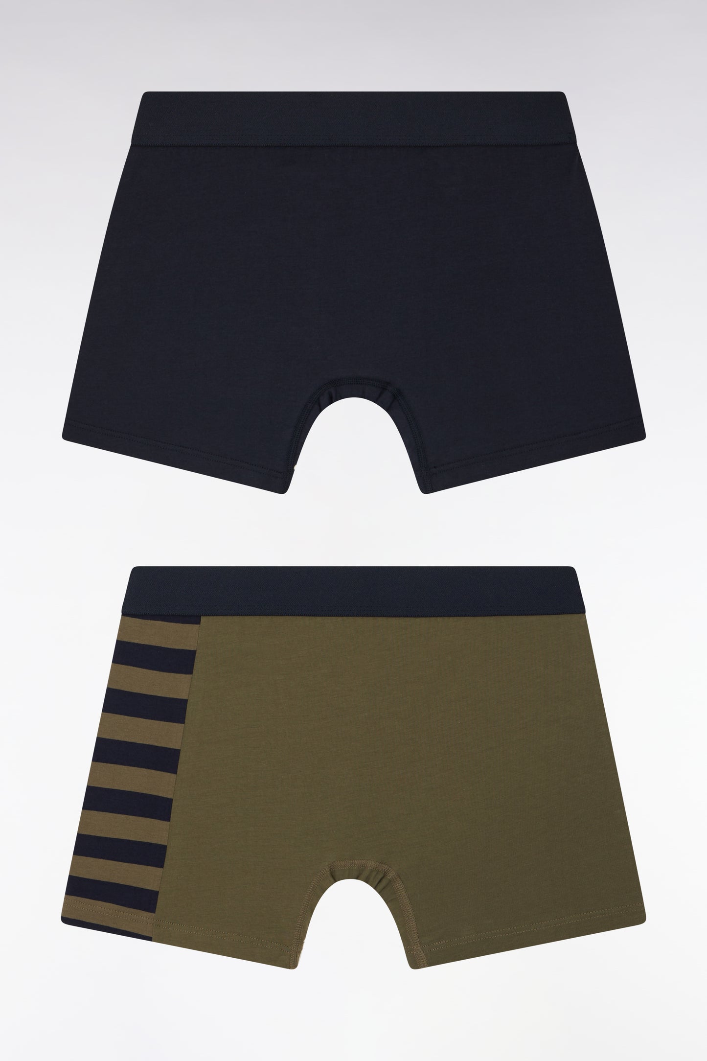 Set of two boxer shorts in navy and khaki stretch cotton jersey with hooped details