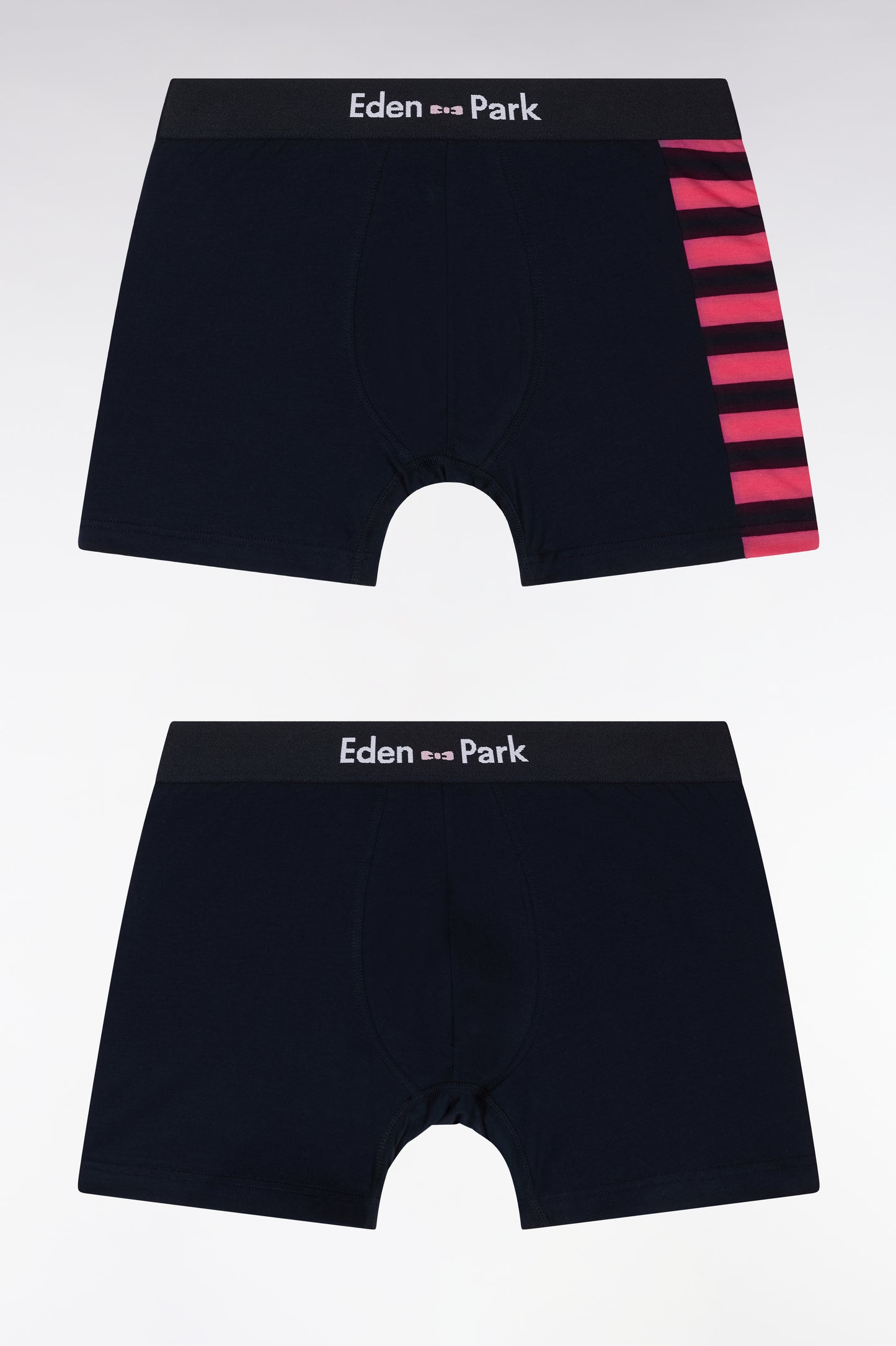 Set of two boxer shorts in navy and fuchsia stretch cotton jersey with hooped details