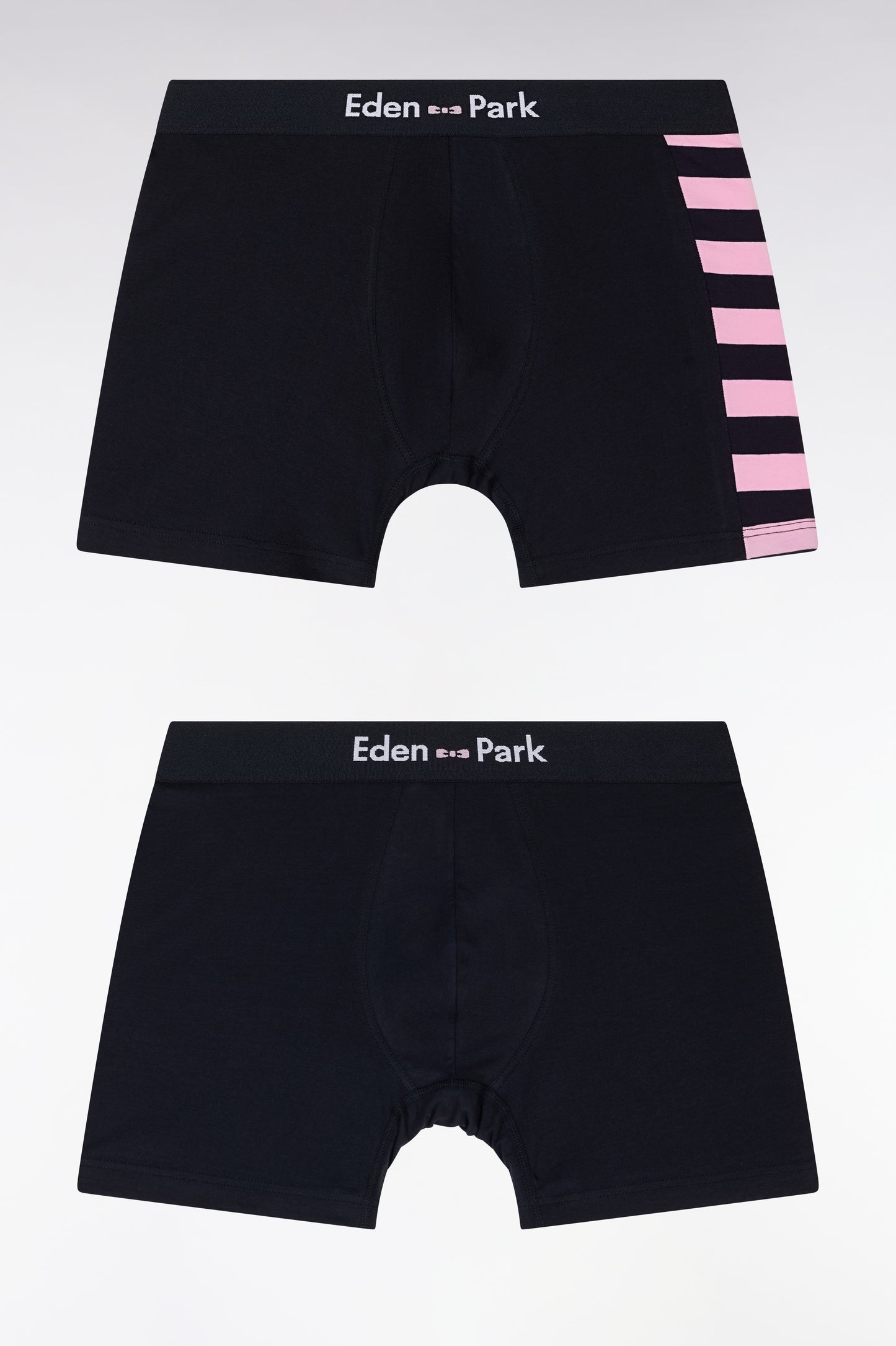 Set of two boxer shorts in navy and pink stretch cotton jersey with hooped details