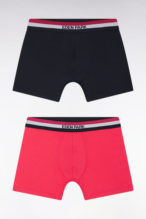 Set of two plain stretch cotton jersey boxer shorts with navy and fuchsia three-tone elastic waistband - Image 1