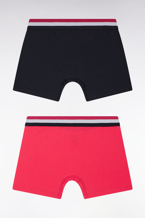 Set of two plain stretch cotton jersey boxer shorts with navy and fuchsia three-tone elastic waistband - Image 2