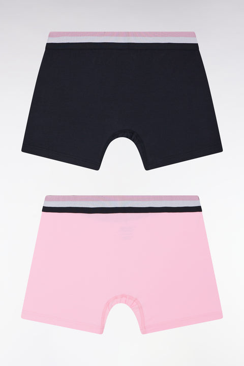 Set of two plain stretch cotton jersey boxers with navy and pink three-tone elastic waistband - Image 2