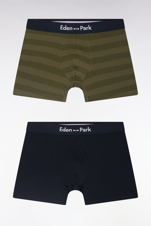 Set of two boxer shorts in navy stretch cotton jersey with khaki straps - Image 1