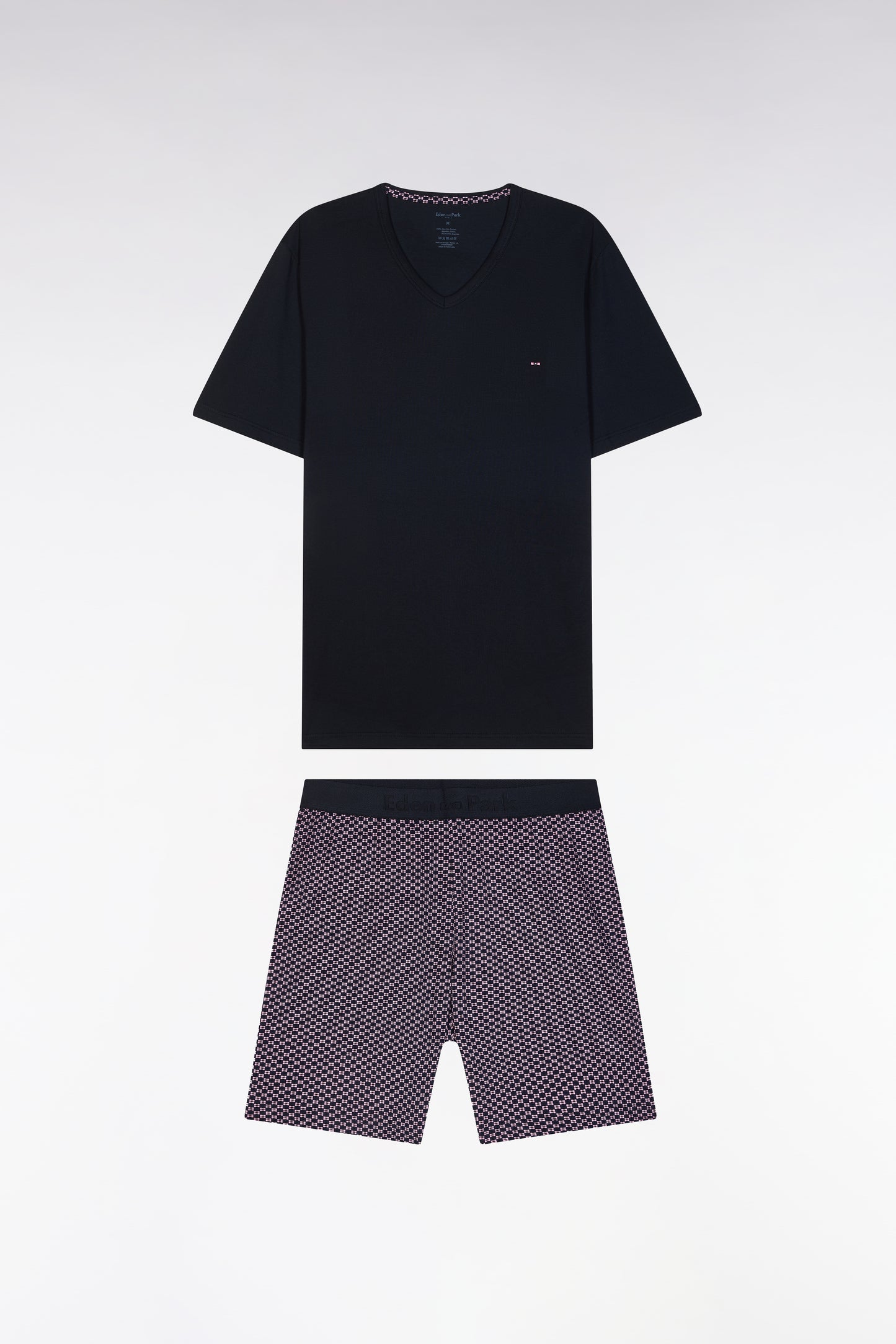 Short pyjamas in navy and burgundy cotton jersey with micropatterned shorts