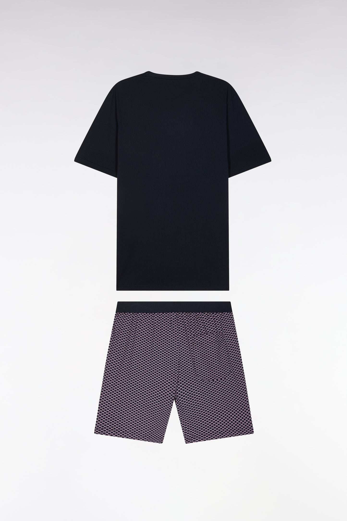 Short pyjamas in navy and burgundy cotton jersey with micropatterned shorts