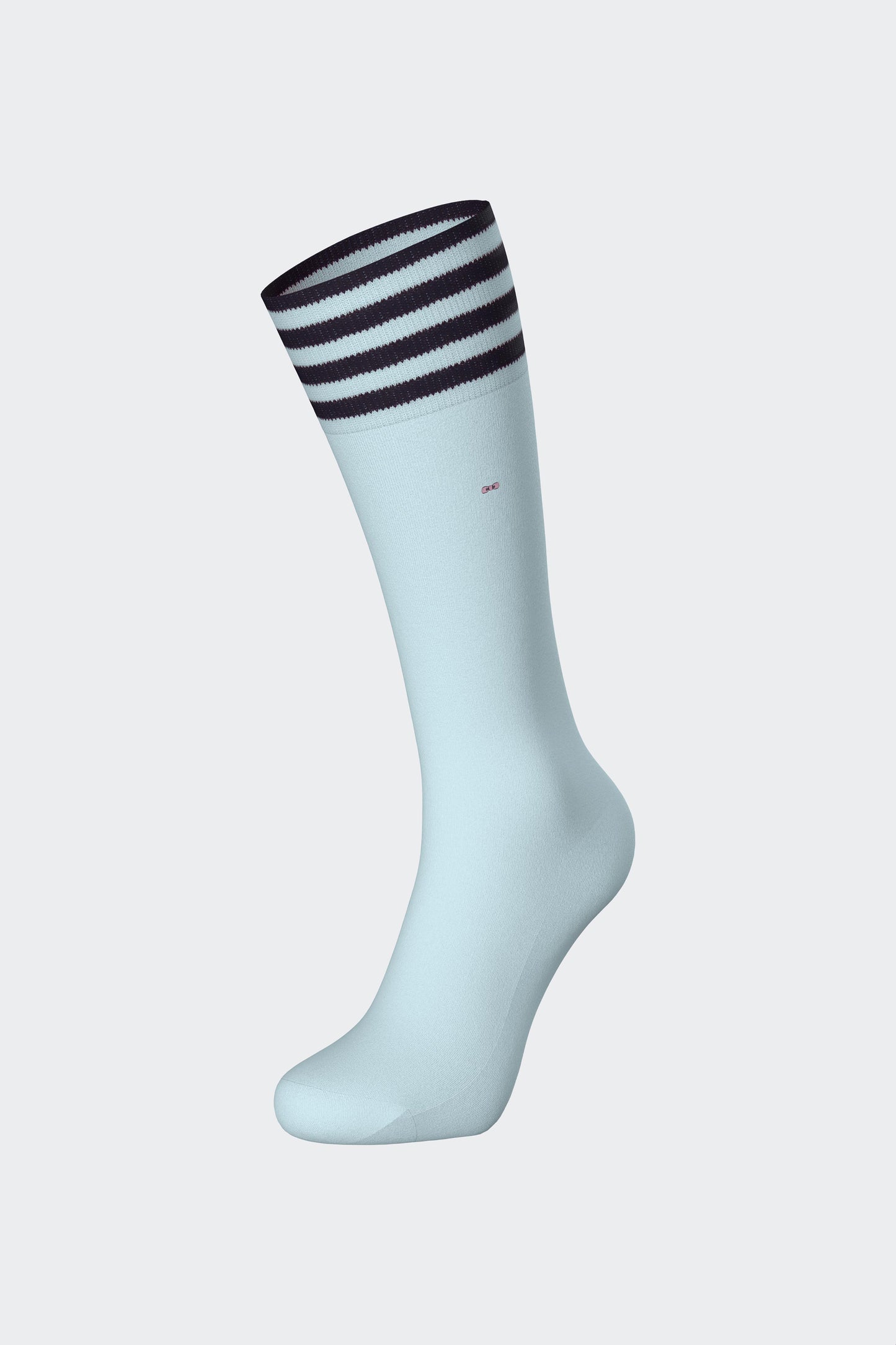 Pair of sky blue cotton blend socks with striped trim