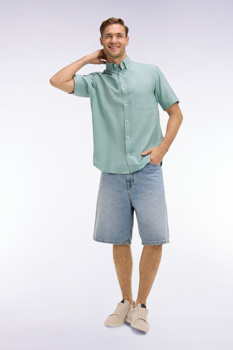 Short-sleeved shirt in sea green cotton pique - Image 1