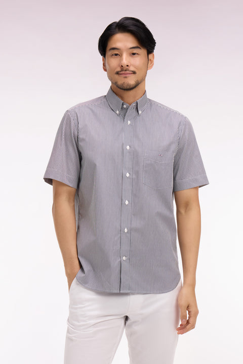Short-sleeved cotton shirt with navy stick stripes - Image 1