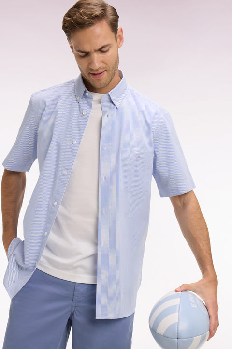 Short-sleeved cotton shirt with sky blue stick stripes - Image 1
