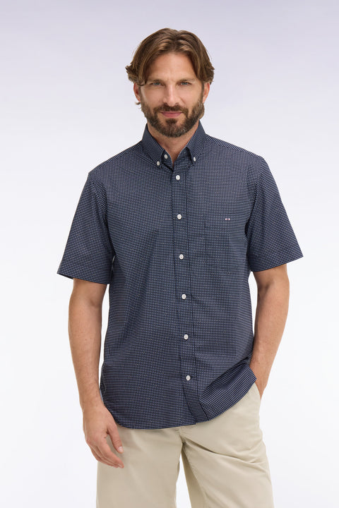 Short-sleeved navy cotton shirt with sky blue micro-patterns - Image 3