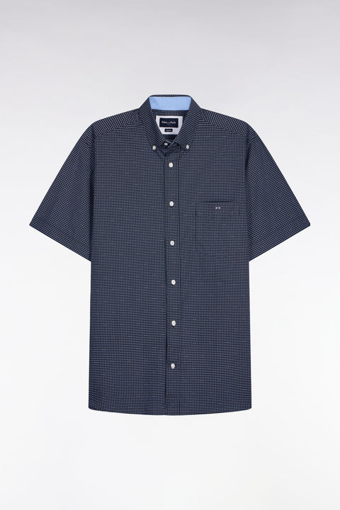 Short-sleeved navy cotton shirt with sky blue micro-patterns - Image 2
