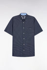 Short-sleeved navy cotton shirt with sky blue micro-patterns