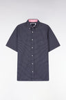 Short-sleeved navy cotton shirt with pink micro-patterns