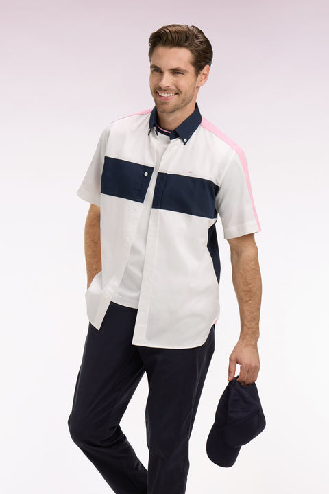 Chemise à manches courtes en coton blanc et marine broderie dos - Image 1