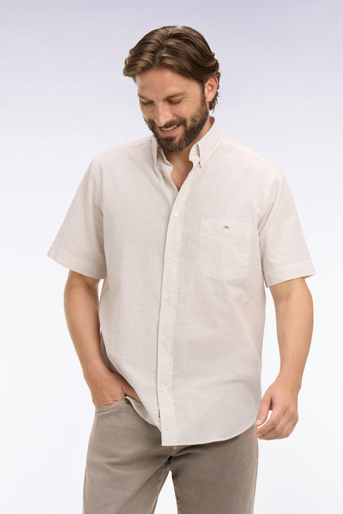 Chemise à manches courtes en coton jacquard rayé grège - Image 1