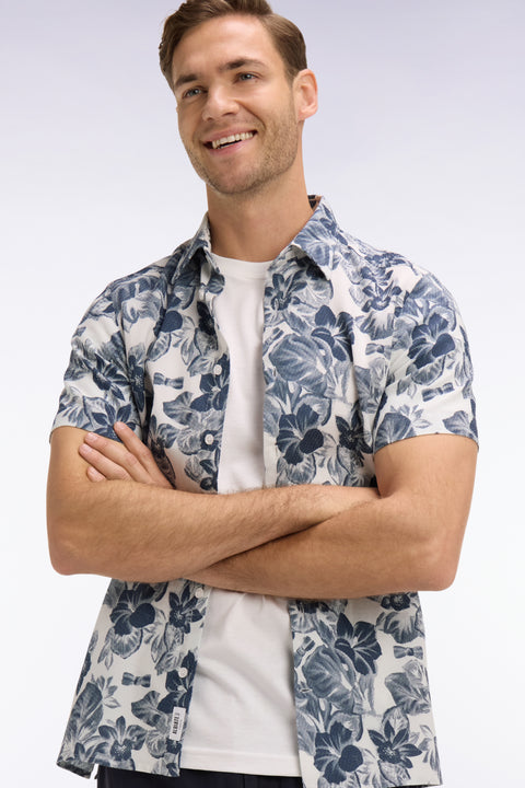 Chemise à manches courtes en piqué coton à motif floral marine coupe slim - Image 1