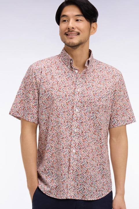 Short-sleeve cotton shirt with multicolor floral micro-pattern - Image 1