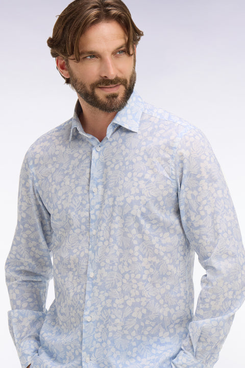 Chemise en popeline de coton bleu ciel à micromotifs végétal coupe slim - Image 1