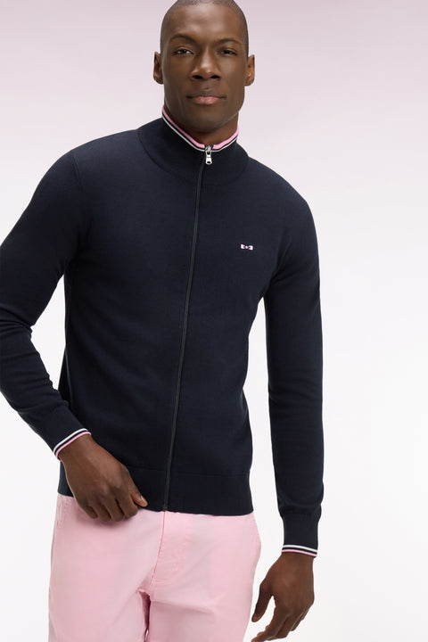 Cardigan zippé en coton marine à bords-côtes rayés - Image 1