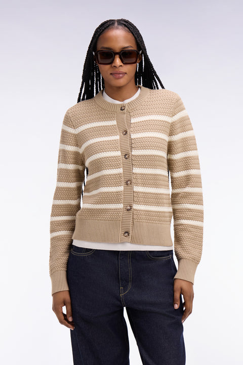 Cardigan marinière en maille tressée beige - Image 3