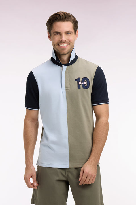 Maillot à manches courtes en coton bicolore kaki et bleu ciel broderie 10 coupe Regular - Image 3