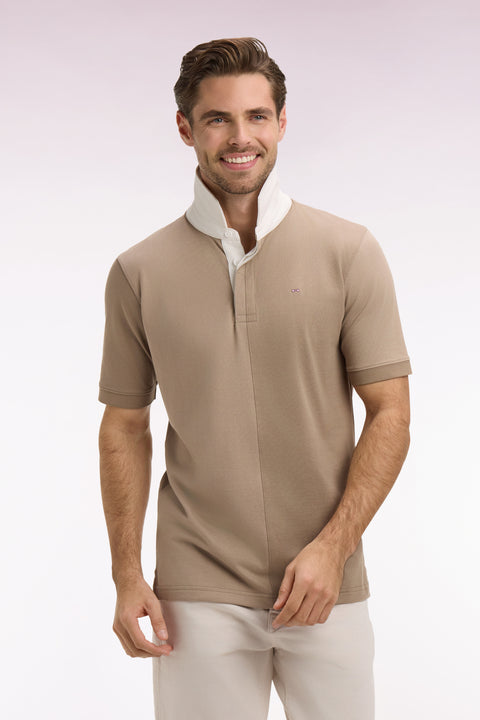 Short-sleeved jersey with vertical cutouts in beige cotton, regular fit - Image 3