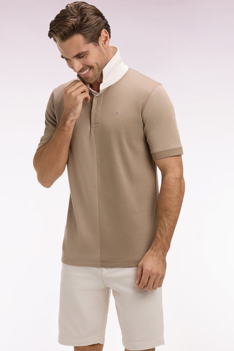 Short-sleeved jersey with vertical cutouts in beige cotton, regular fit - Image 1